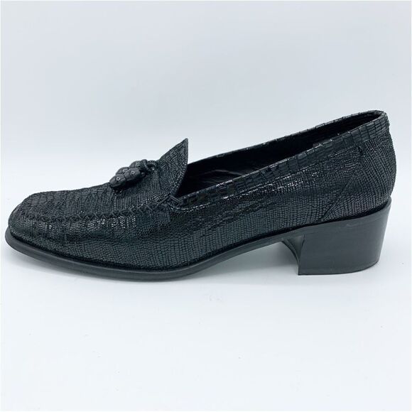 Stuart Weitzman Black Lizard Print Beaded Tassel Chunky Heeled Loafer Sz 8 - Picture 12 of 12